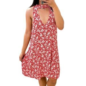 Lulus | Lean Close Mini A-Line Dress Halter Open Neck Floral Red | L